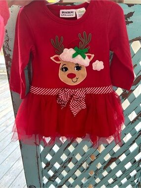 Blueberi Boulevard Red Girls' Reindeer Tulle Holiday Dress
